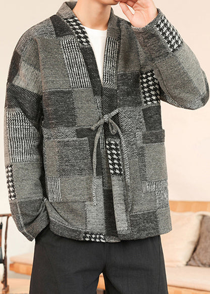 Grey Pockets Patchwork Woolen Men Coat V Neck Winter RO031 ABC