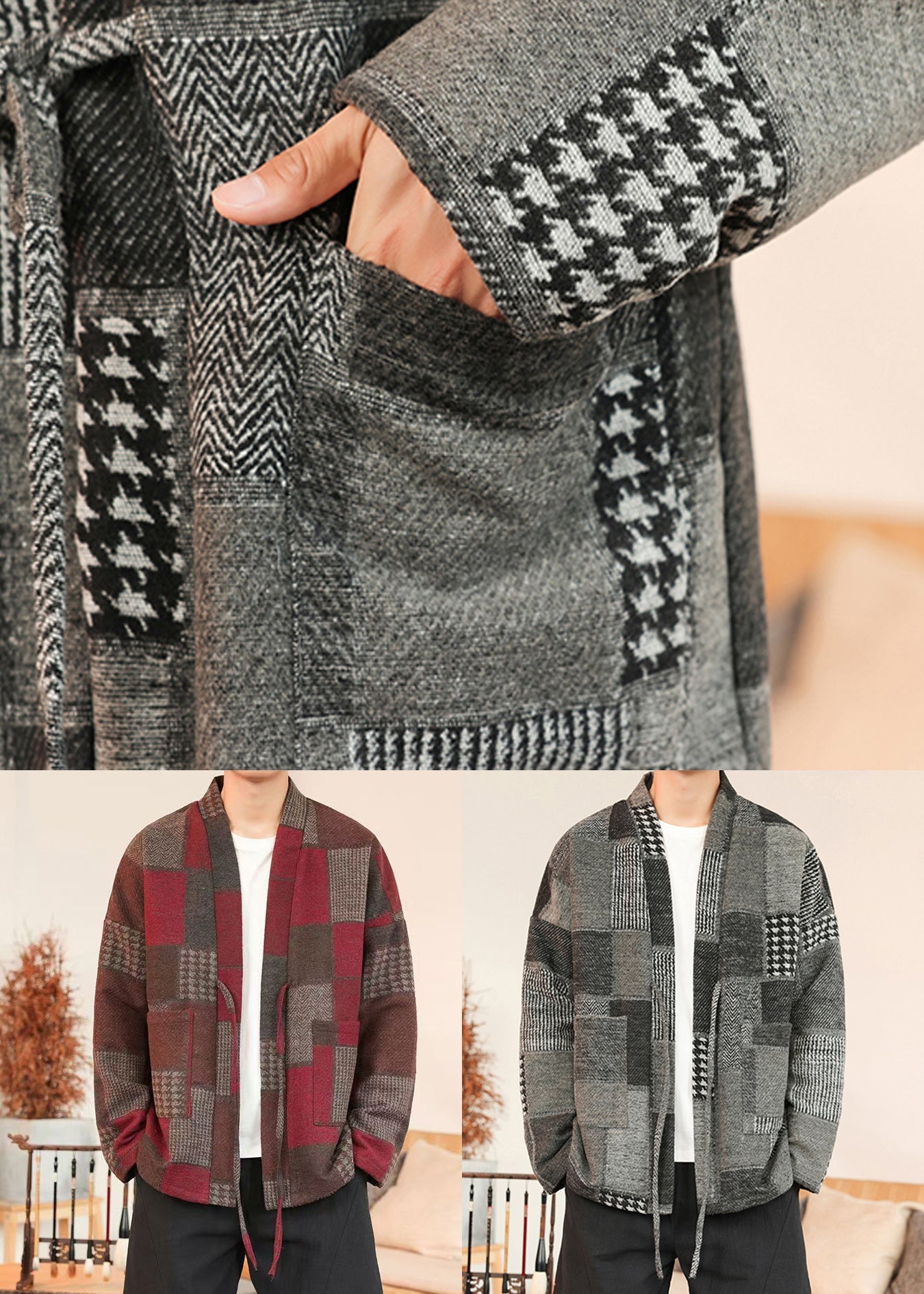 Grey Pockets Patchwork Woolen Men Coat V Neck Winter RO031 ABC