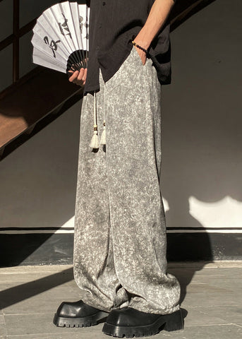 Pockets Waist Wide Elastic Leg Silk Grey Pants Mens FashionChic