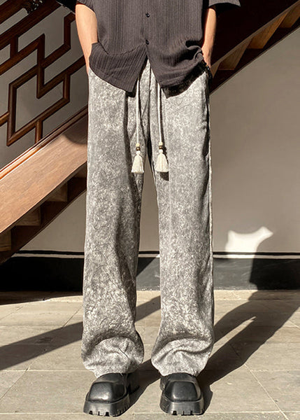 Pockets Waist Wide Elastic Leg Silk Grey Pants Mens FashionChic