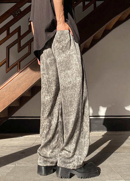 Pockets Waist Wide Elastic Leg Silk Grey Pants Mens FashionChic