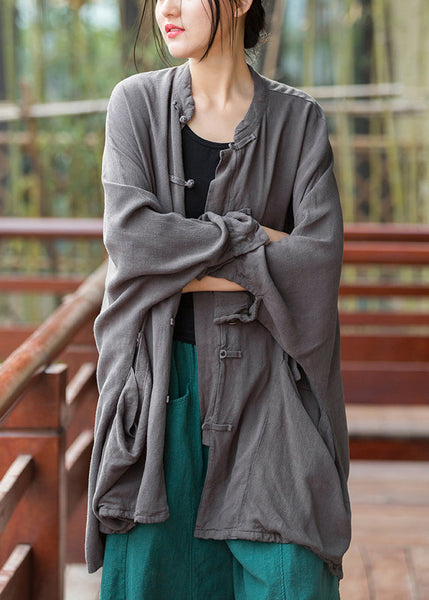 Grey Pockets Solid Linen Coats Stand Collar Fall QE036 MZF-CTS240927