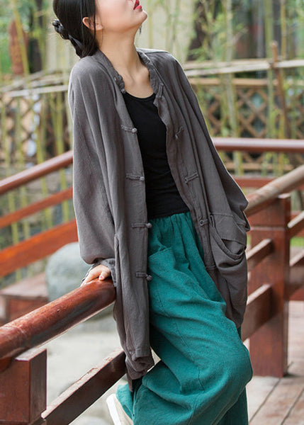 Grey Pockets Solid Linen Coats Stand Collar Fall QE036 MZF-CTS240927