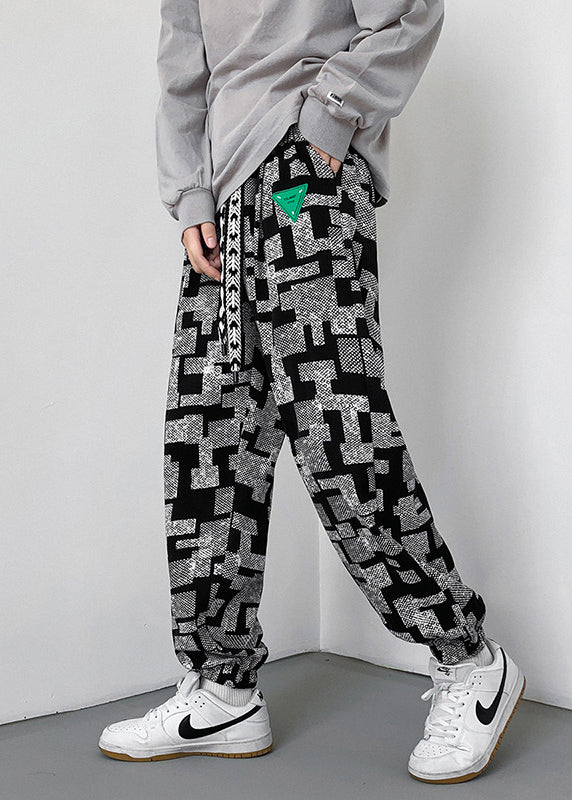 Grey Men Pants Oversized Cotton Spring Print FashionChic