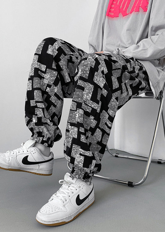 Grey Men Pants Oversized Cotton Spring Print FashionChic