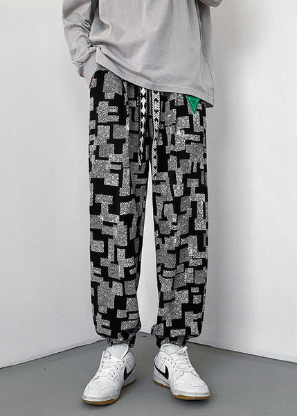 Grey Men Pants Oversized Cotton Spring Print FashionChic