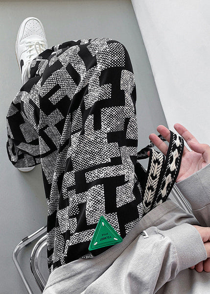 Grey Men Pants Oversized Cotton Spring Print FashionChic