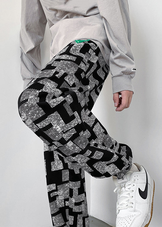 Grey Men Pants Oversized Cotton Spring Print FashionChic