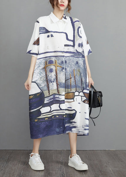 Print Summer Oversized Cotton Shirt Dresses Grey FashionChic