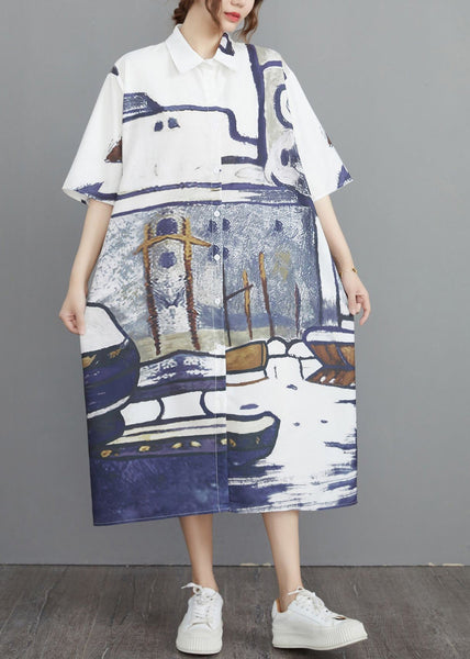 Print Summer Oversized Cotton Shirt Dresses Grey FashionChic