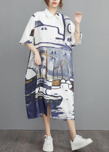 Print Summer Oversized Cotton Shirt Dresses Grey FashionChic