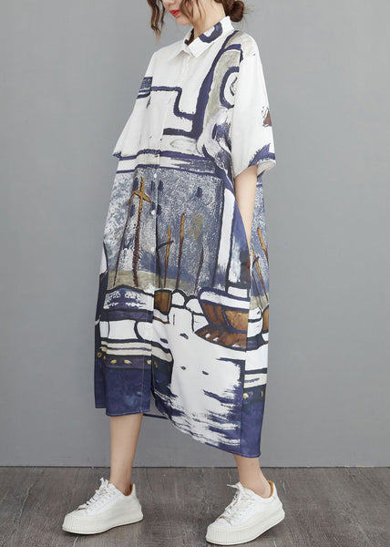 Print Summer Oversized Cotton Shirt Dresses Grey FashionChic