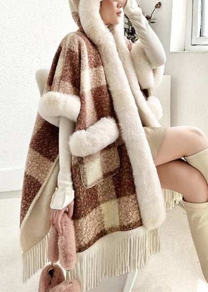 Grey Side Open Pockets Warm Fleece Cape Coat Fur Collar Half Sleeve YW007 ABC