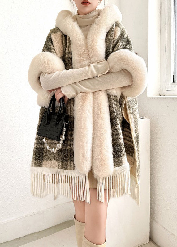 Grey Side Open Pockets Warm Fleece Cape Coat Fur Collar Half Sleeve YW007 ABC