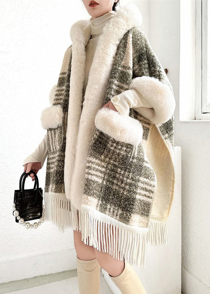 Grey Side Open Pockets Warm Fleece Cape Coat Fur Collar Half Sleeve YW007 ABC