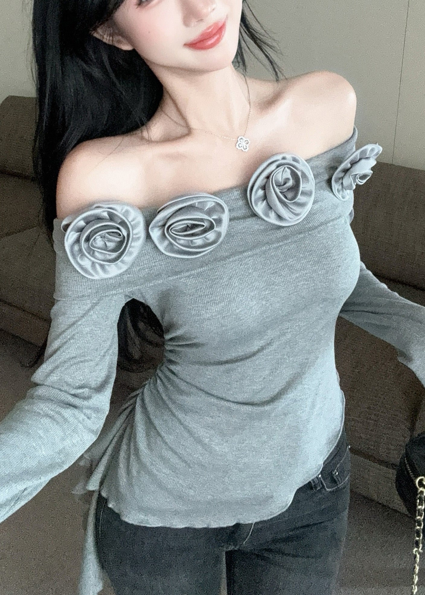 Grey Slash Neck Cold Shoulder Wrinkled Tops Long sleeve RP016 ABC