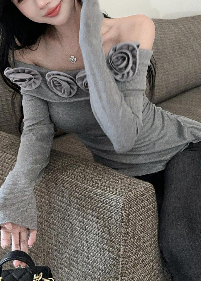 Grey Slash Neck Cold Shoulder Wrinkled Tops Long sleeve RP016 ABC