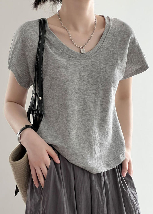 Grey Solid Cotton T Shirt Top O Neck Short Sleeve MZF-STP250315