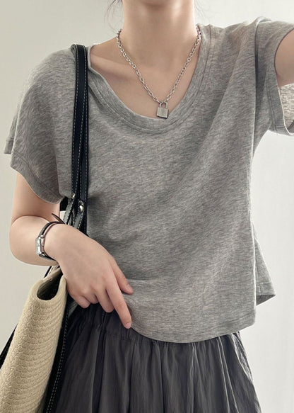 Grey Solid Cotton T Shirt Top O Neck Short Sleeve MZF-STP250315