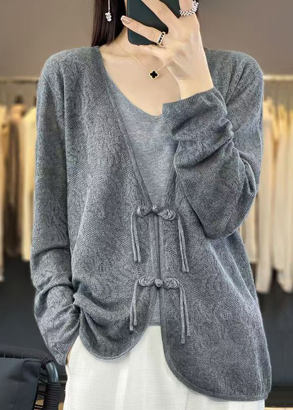 Grey Solid Cozy Knit Cardigans V Neck Long Sleeve AB1048 Genistyle Shop