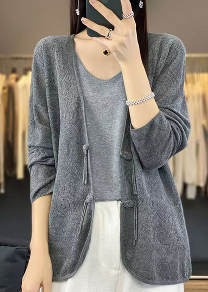 Grey Solid Cozy Knit Cardigans V Neck Long Sleeve AB1048 Genistyle Shop