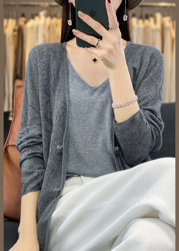 Grey Solid Cozy Knit Cardigans V Neck Long Sleeve AB1048 Genistyle Shop
