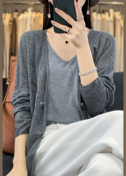 Grey Solid Cozy Knit Cardigans V Neck Long Sleeve AB1048 Genistyle Shop