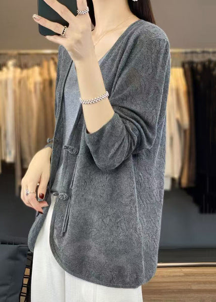 Grey Solid Cozy Knit Cardigans V Neck Long Sleeve AB1048 Genistyle Shop
