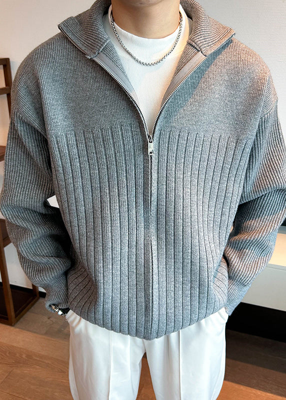 Solid Coat Spring Pan Peter Men Grey Knit Collar FashionChic