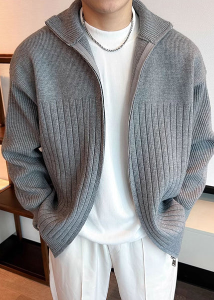 Solid Coat Spring Pan Peter Men Grey Knit Collar FashionChic