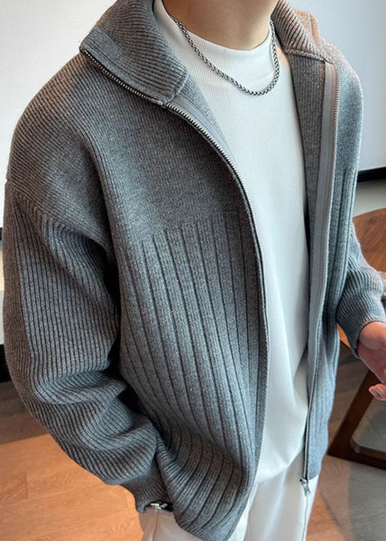 Solid Coat Spring Pan Peter Men Grey Knit Collar FashionChic