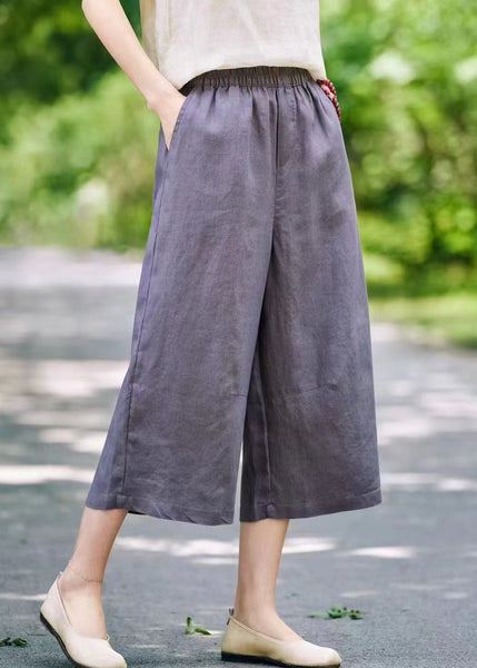 Wide Elastic Linen Summer Leg Pants Solid Waist Grey FashionChic