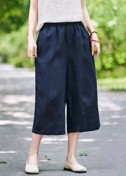Wide Elastic Linen Summer Leg Pants Solid Waist Grey FashionChic