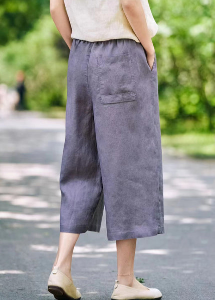Wide Elastic Linen Summer Leg Pants Solid Waist Grey FashionChic