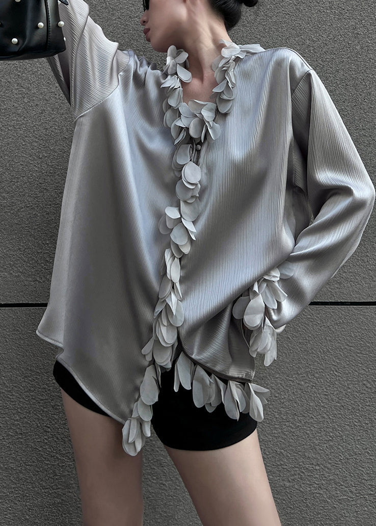 Petal Neck Blouses V Sleeve Grey Solid Loose Cotton FashionChic