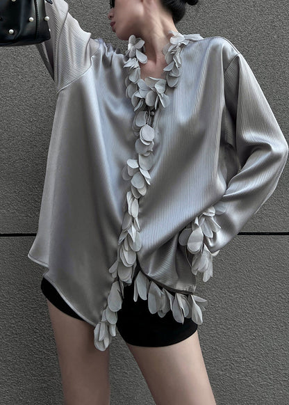 Petal Neck Blouses V Sleeve Grey Solid Loose Cotton FashionChic