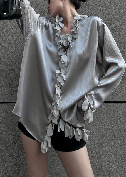 Petal Neck Blouses V Sleeve Grey Solid Loose Cotton FashionChic