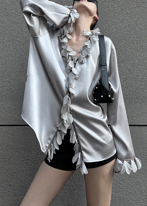 Petal Neck Blouses V Sleeve Grey Solid Loose Cotton FashionChic