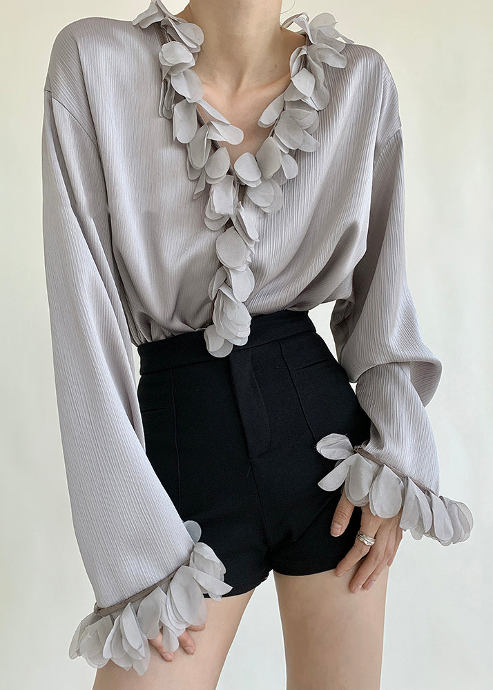 Petal Neck Blouses V Sleeve Grey Solid Loose Cotton FashionChic