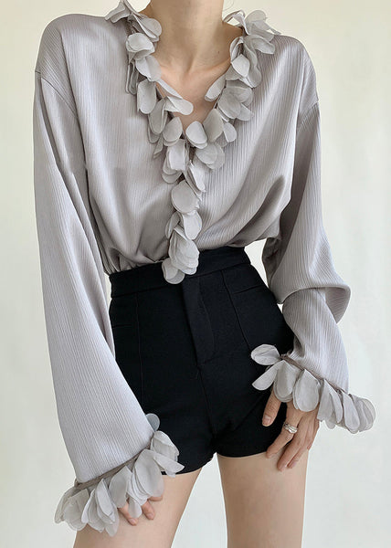 Petal Neck Blouses V Sleeve Grey Solid Loose Cotton FashionChic