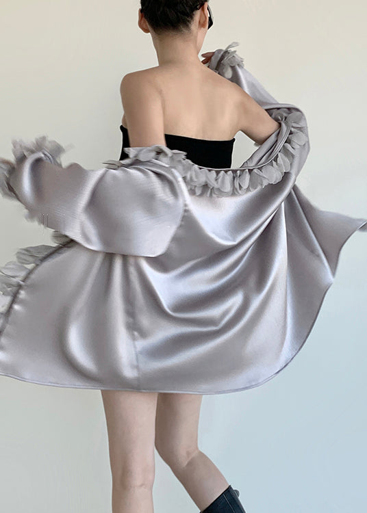 Petal Neck Blouses V Sleeve Grey Solid Loose Cotton FashionChic