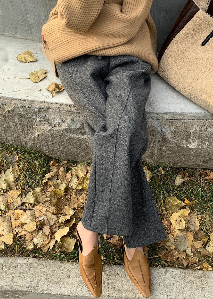 Grey Solid Pockets Woolen Pants Elastic Waist Winter RF019 ABC