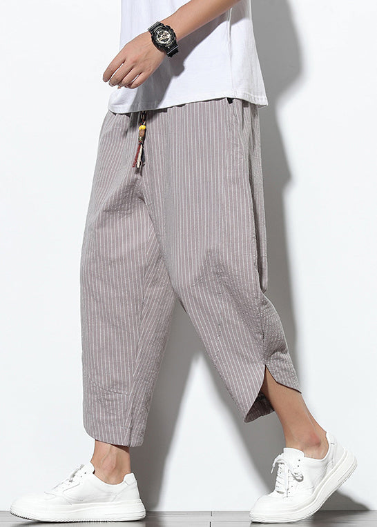Striped Waist Grey Crop Summer Pockets Men Pants Cotton Elastic FashionChic