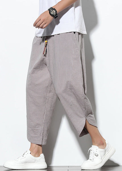 Striped Waist Grey Crop Summer Pockets Men Pants Cotton Elastic FashionChic