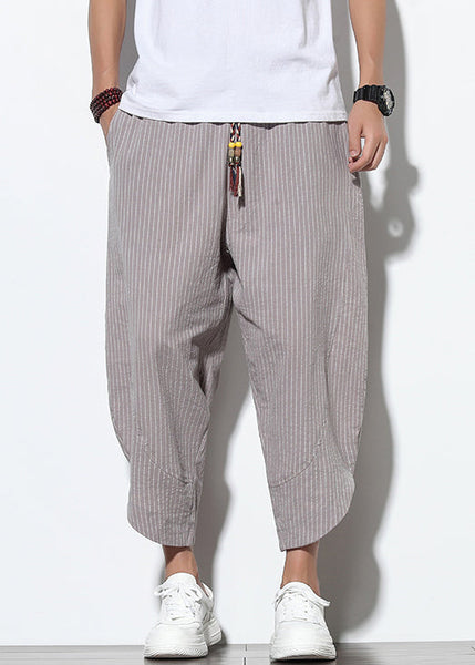 Striped Waist Grey Crop Summer Pockets Men Pants Cotton Elastic FashionChic