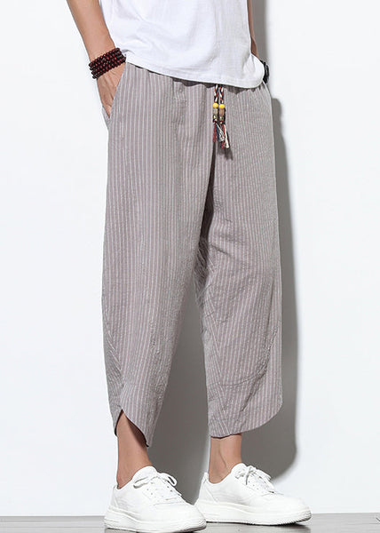 Striped Waist Grey Crop Summer Pockets Men Pants Cotton Elastic FashionChic