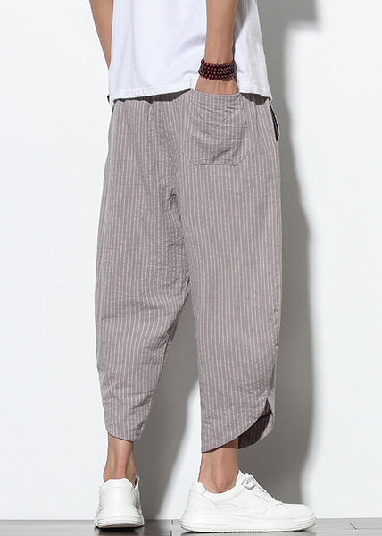 Striped Waist Grey Crop Summer Pockets Men Pants Cotton Elastic FashionChic