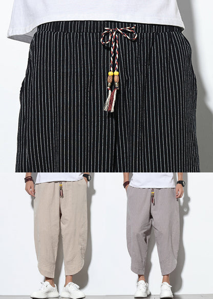 Striped Waist Grey Crop Summer Pockets Men Pants Cotton Elastic FashionChic