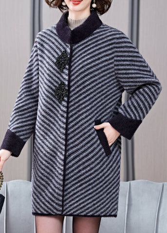 Grey Thick Mink Velvet Coat Patchwork Pockets Spring TA019