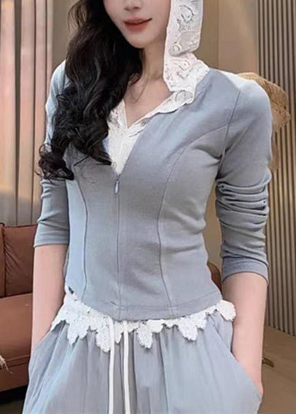 Grey Pants Set Pieces Sweatshirt And Zippered Women Two Hooded FashionChic